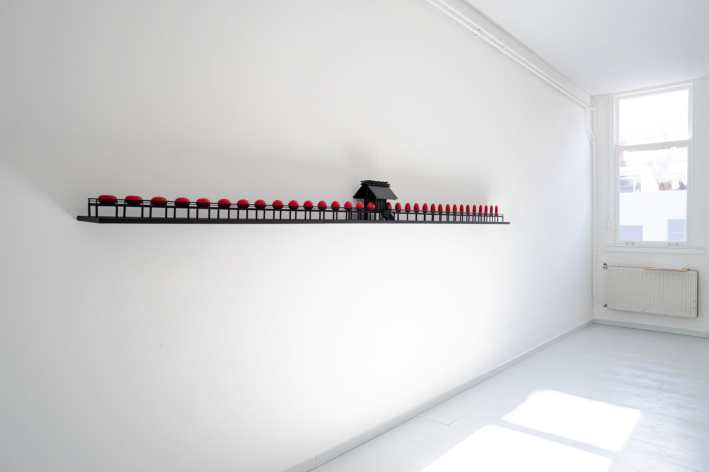 An installation work ‘Red Eggs Were Risks for Introducing Terrible Errors.’ by Shigeo Arikawa, Japanese artist based in Amsterdam.