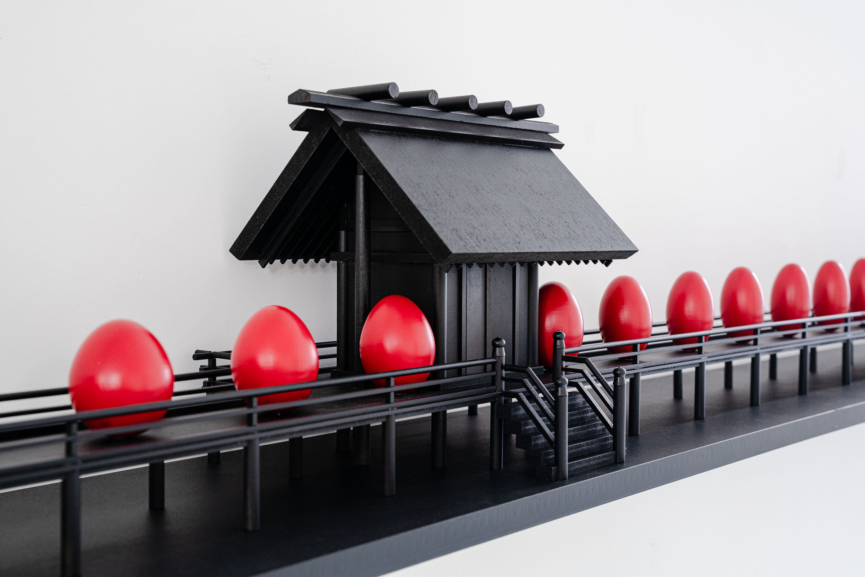 An installation work ‘Red Eggs Were Risks for Introducing Terrible Errors.’ by Shigeo Arikawa, Japanese artist based in Amsterdam.